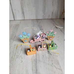 Vintage wooden Easter bunny egg Barrel AS IS ornament set Xmas spring